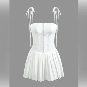White Pleated Mini Dress with Tie Straps